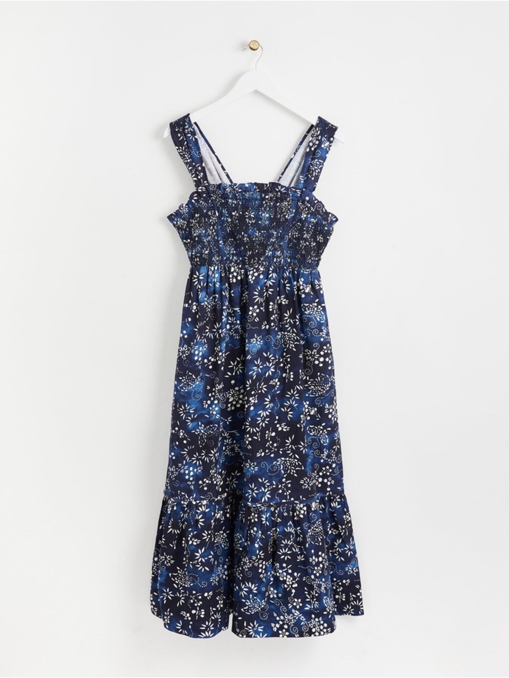 Navy Blue Floral Smocked Maxi Dress with Ruffle Hem